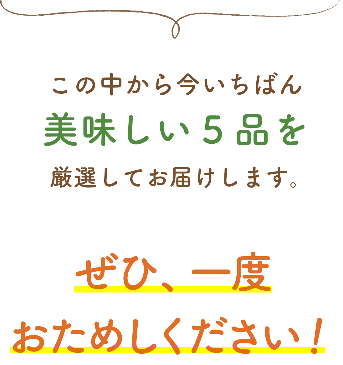 この中から今いちばん美味しい5品を厳選してお届けします。ぜひ、一度おためしください！